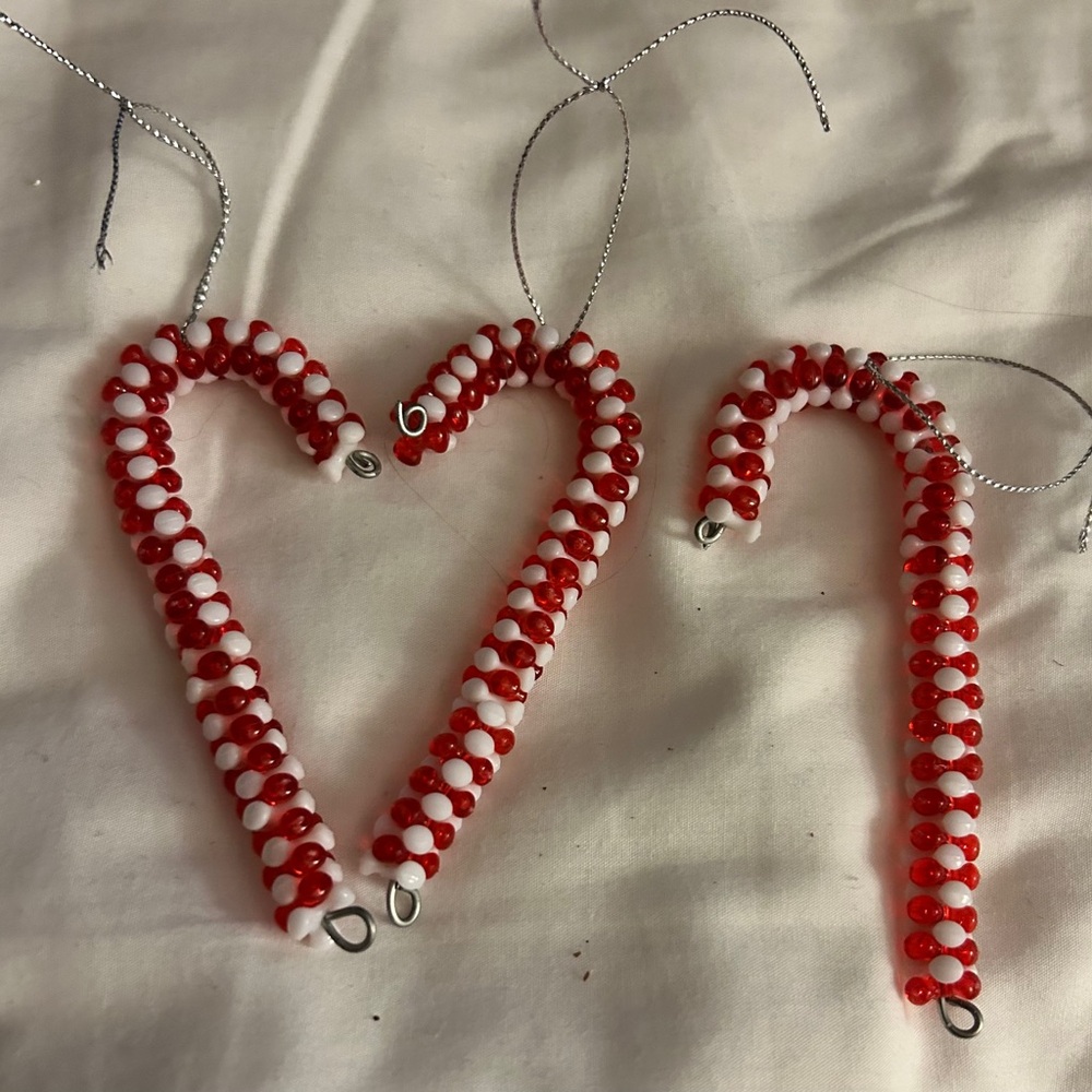 Red and White Beaded Candy Cane Ornaments handmade 3 for $10